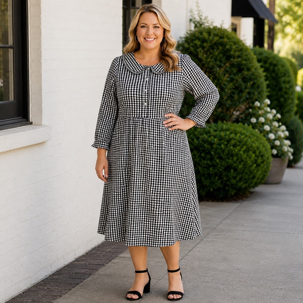 M&S Collection Womans 18 Plus Dress Gingham Check‎ Dress Modest Black White